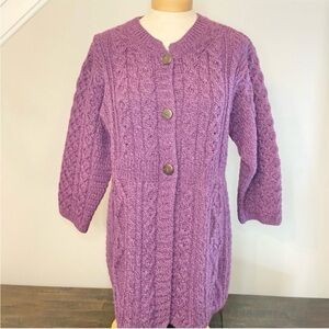 Kilronan Knitwear Merino Wool Purple Cable Knit Button Cardigan Women’s Medium